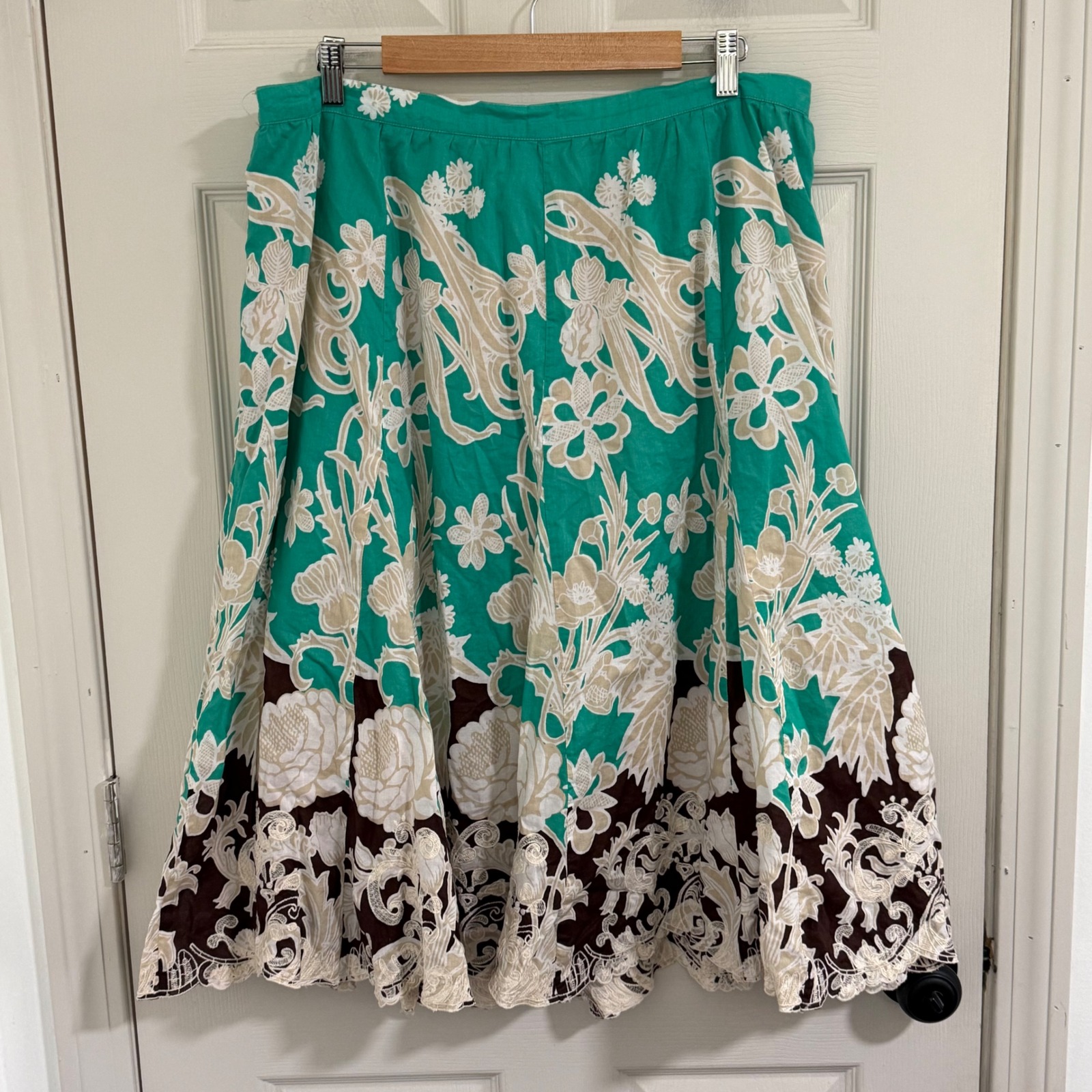 Coldwater Creek Midi Skirt Womens Xl Green Brown Floral Boho Cottage Shabby Chic